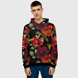 Толстовка-худи мужская Цветы Нарисованные Розы На Чёрном Фоне, цвет: 3D-черный — фото 2