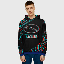 Толстовка-худи мужская Значок Jaguar в стиле glitch на темном фоне, цвет: 3D-синий — фото 2