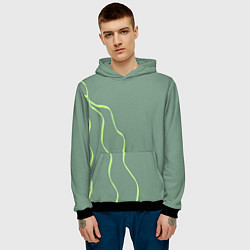 Толстовка-худи мужская Абстрактные зеленые линии на фоне цвета хаки, цвет: 3D-черный — фото 2