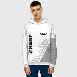 Толстовка-худи мужская Chery speed на светлом фоне со следами шин: надпис, цвет: 3D-белый — фото 2