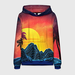Толстовка-худи мужская Тропический остров на закате ретро иллюстрация, цвет: 3D-синий