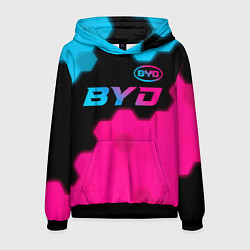 Толстовка-худи мужская BYD - neon gradient: символ сверху, цвет: 3D-черный