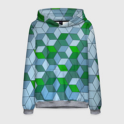 Толстовка-худи мужская Зелёные и серые абстрактные кубы с оптической иллю, цвет: 3D-меланж