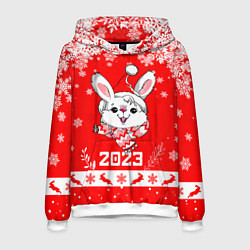 Толстовка-худи мужская Праздничный кролик 2023, цвет: 3D-белый