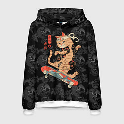 Толстовка-худи мужская Кот самурай на скейтборде, цвет: 3D-белый