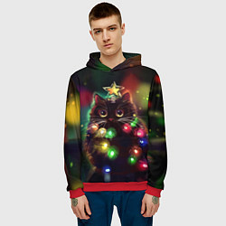 Толстовка-худи мужская Новогодний котик с гирляндой, цвет: 3D-красный — фото 2