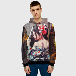 Толстовка-худи мужская Японская девушка с самурайским мечом, цвет: 3D-черный — фото 2
