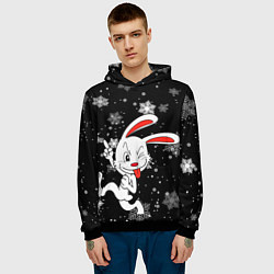 Толстовка-худи мужская Подмигивающий кролик в снежинках, цвет: 3D-черный — фото 2