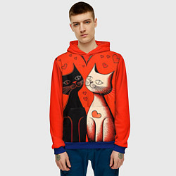 Толстовка-худи мужская Влюблённые кошки на красном фоне, цвет: 3D-синий — фото 2