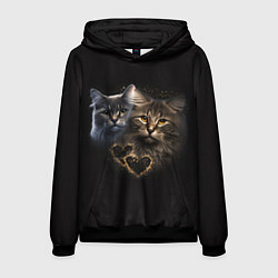 Толстовка-худи мужская Влюбленные кот и кошка с сердечками, цвет: 3D-черный