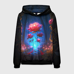 Толстовка-худи мужская Алая роза в ночном лесу, цвет: 3D-черный