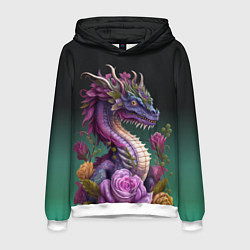 Толстовка-худи мужская Неоновый дракон с цветами, цвет: 3D-белый