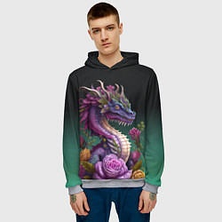 Толстовка-худи мужская Неоновый дракон с цветами, цвет: 3D-меланж — фото 2