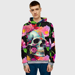 Толстовка-худи мужская Skull on a background of flowers - irezumi, цвет: 3D-меланж — фото 2