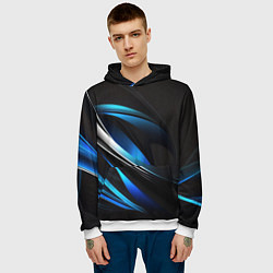 Толстовка-худи мужская Абстрактные синие и белые линии на черном фоне, цвет: 3D-белый — фото 2
