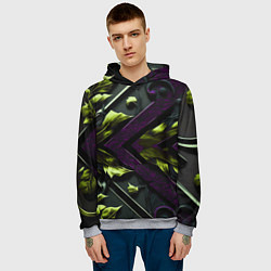 Толстовка-худи мужская Зеленые листья и фиолетовые вставки, цвет: 3D-меланж — фото 2