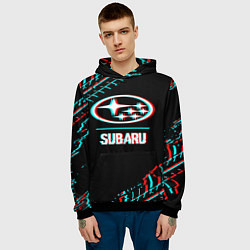Толстовка-худи мужская Значок Subaru в стиле glitch на темном фоне, цвет: 3D-черный — фото 2