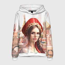 Толстовка-худи мужская Девушка в кокошнике с косой - кремль, цвет: 3D-белый