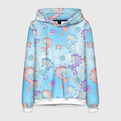 Толстовка-худи мужская Морские коньки - паттерн, цвет: 3D-белый