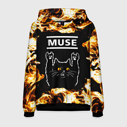 Толстовка-худи мужская Muse рок кот и огонь, цвет: 3D-черный