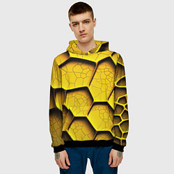 Толстовка-худи мужская Желтые шестиугольники с трещинами - объемная текст, цвет: 3D-черный — фото 2