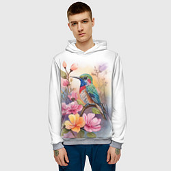 Толстовка-худи мужская Колибри и цветы - акварель, цвет: 3D-меланж — фото 2