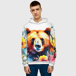 Толстовка-худи мужская Морда медведя гризли с цветами акварелью, цвет: 3D-белый — фото 2