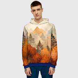 Толстовка-худи мужская Осенний лес в оранжевых тонах, цвет: 3D-синий — фото 2