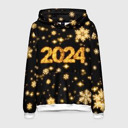 Толстовка-худи мужская Новый 2024 год - золотые снежинки, цвет: 3D-белый