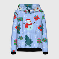 Толстовка-худи мужская Снеговики с новогодними подарками паттерн, цвет: 3D-черный