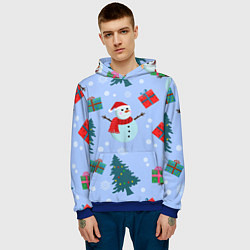 Толстовка-худи мужская Снеговики с новогодними подарками паттерн, цвет: 3D-синий — фото 2