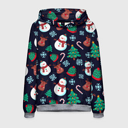 Толстовка-худи мужская Снеговички с рождественскими оленями и елками, цвет: 3D-меланж