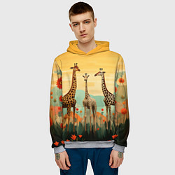 Толстовка-худи мужская Три жирафа в стиле фолк-арт, цвет: 3D-меланж — фото 2