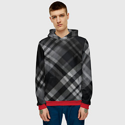 Толстовка-худи мужская Черно-белая диагональная клетка в шотландском стил, цвет: 3D-красный — фото 2