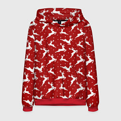 Толстовка-худи мужская Красный паттерн с новогодними оленями, цвет: 3D-красный