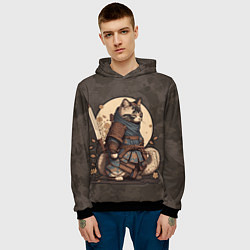 Толстовка-худи мужская Кошачий самурай в японском стиле, цвет: 3D-черный — фото 2