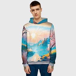 Толстовка-худи мужская Японский город вдали и цветущая Сакура у реки, цвет: 3D-меланж — фото 2