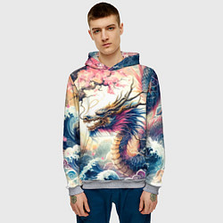 Толстовка-худи мужская Japanese dragon and sakura - engraving, цвет: 3D-меланж — фото 2