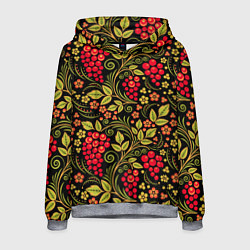 Толстовка-худи мужская Хохломская роспись красные ягоды, цвет: 3D-меланж