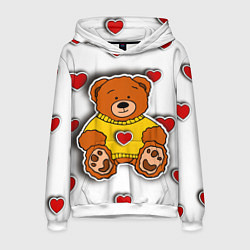 Толстовка-худи мужская Стикер наклейка медвежонок и сердце объемный рисун, цвет: 3D-белый