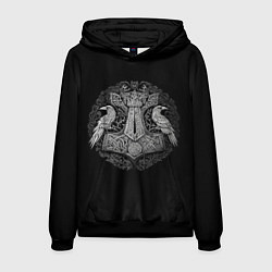 Толстовка-худи мужская Вороны и символ молот тора - мьёльнир, цвет: 3D-черный