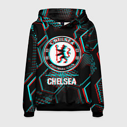 Толстовка-худи мужская Chelsea FC в стиле glitch на темном фоне, цвет: 3D-черный