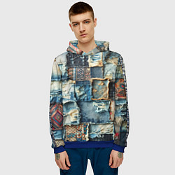 Толстовка-худи мужская Деним пэчворк-ржавчина, цвет: 3D-синий — фото 2