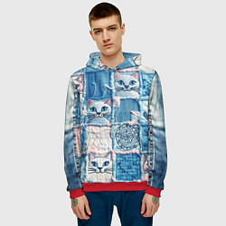 Толстовка-худи мужская Кошки на пэчворк джинсах паттерн, цвет: 3D-красный — фото 2