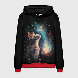 Толстовка-худи мужская Котик смотрит на небо космоса, цвет: 3D-красный