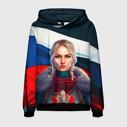 Толстовка-худи мужская Блондинка с косами - флаг России, цвет: 3D-черный