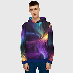 Толстовка-худи мужская Радужные неоновые волны и разводы на черном фоне, цвет: 3D-синий — фото 2