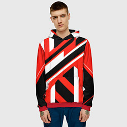 Толстовка-худи мужская Чёрно-красные полосы на белом фоне, цвет: 3D-красный — фото 2