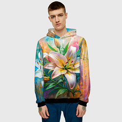 Толстовка-худи мужская Лилии абстракция гранж, цвет: 3D-черный — фото 2