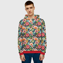 Толстовка-худи мужская Тропические птицы в цветах, цвет: 3D-красный — фото 2